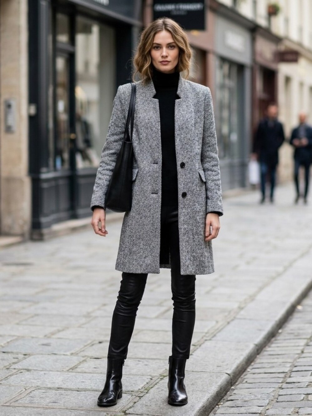Zara Tweed Herringbone Coatigan Structured Longline Blazer Jacket Black Gray S